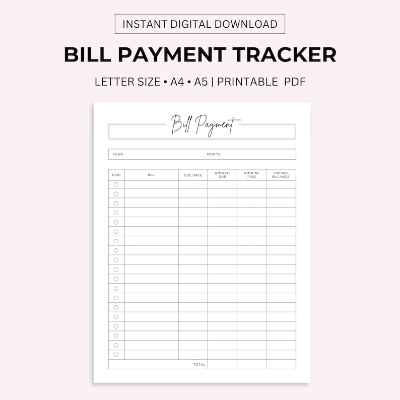 Monthly Bill Payment Tracker Printable: A4, A5, Letter Size (PDF) image 1