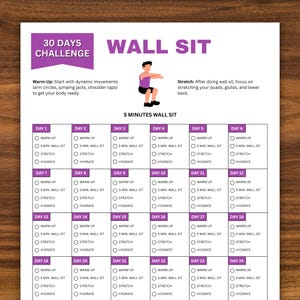 5 Minutes Wall Sit 30 Days Challenge, fitnessuitdaging, trainingsplanner, afdrukbaar, workouttracker