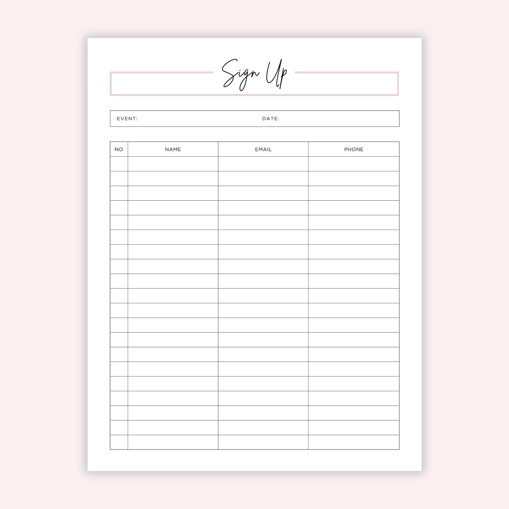 Event Sign up Sheet Printable: A4/a5/letter Size (PDF) - Etsy
