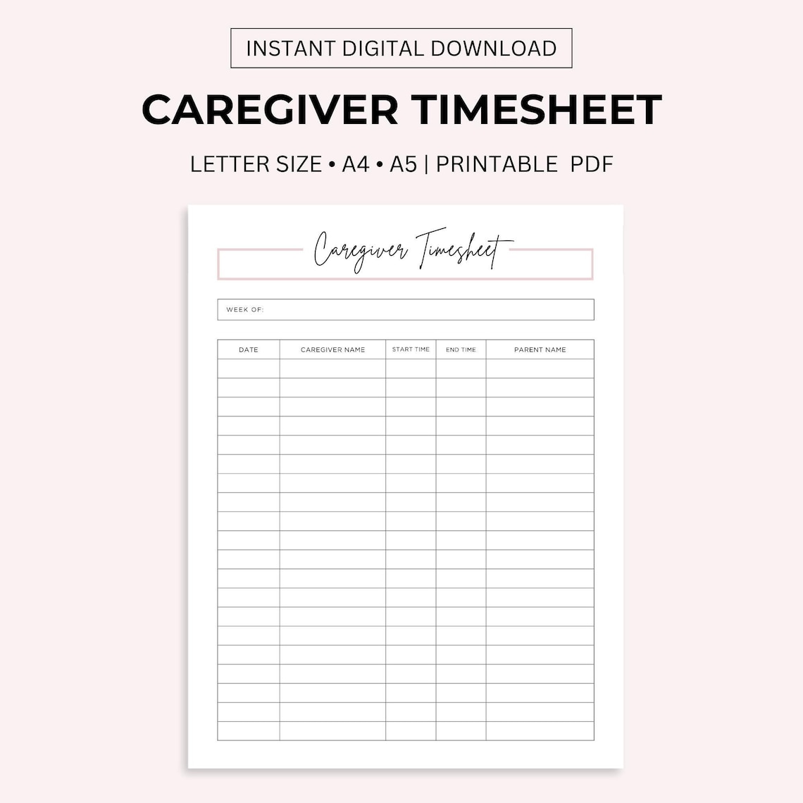 Caregiver Timesheet Printable, Home Health Care Time Sheet, Caregiver ...