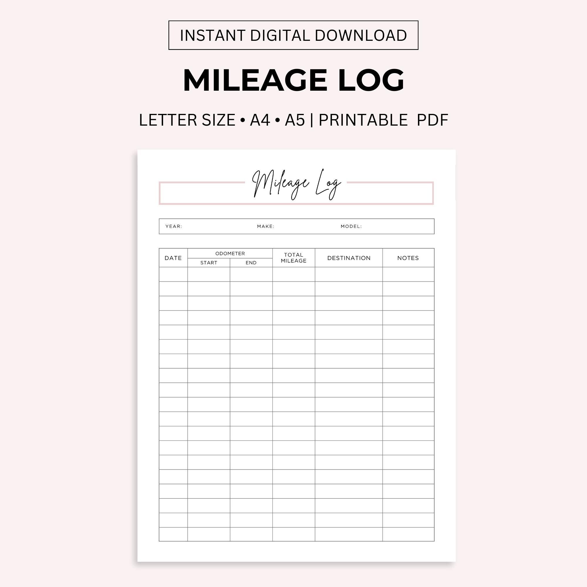 Mileage Log Printable: Work Trip Miles Tracker (letter/a4/a5 PDF) - Etsy