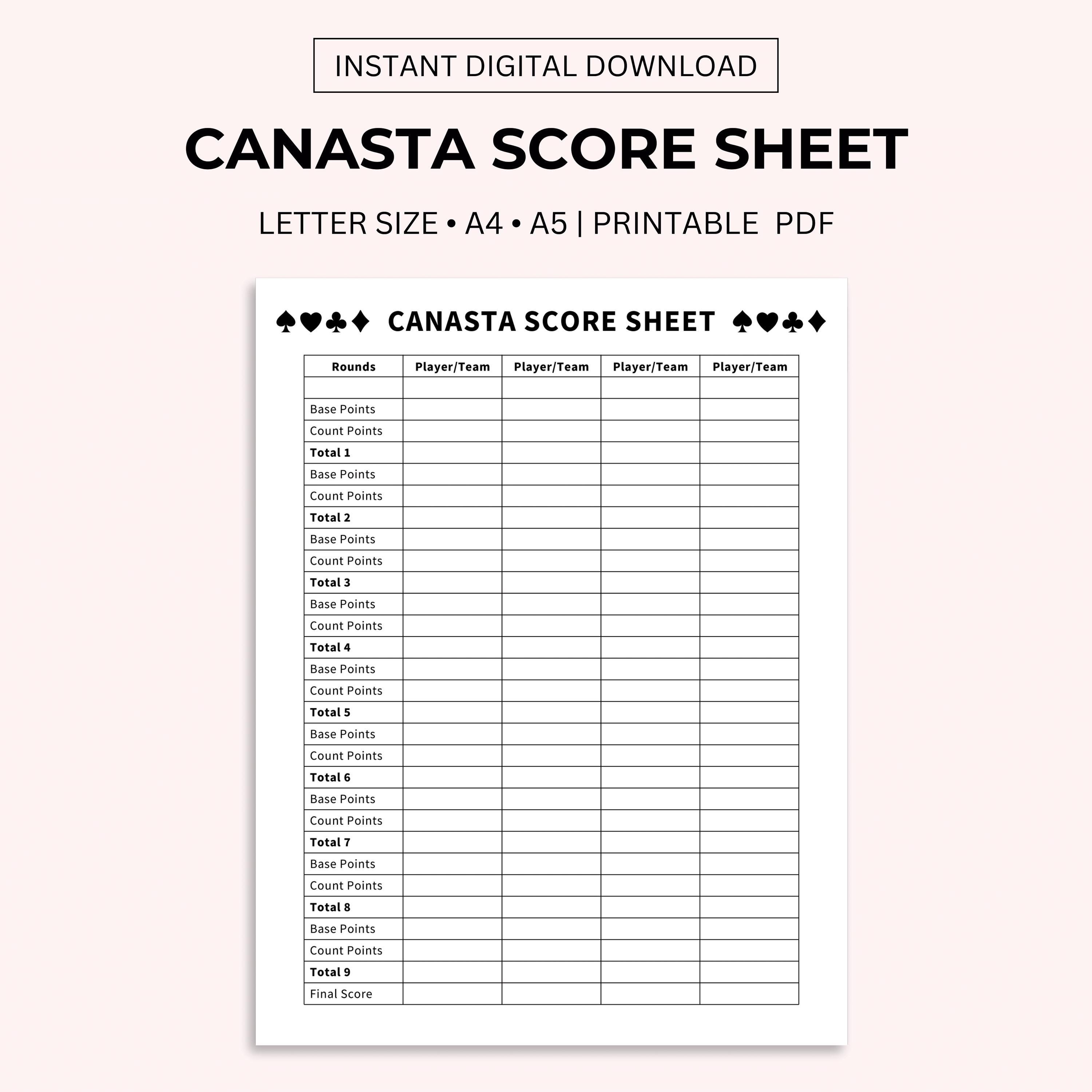 Canasta Score Sheet: Printable Scorecard (Letter/A4/A5 PDF)