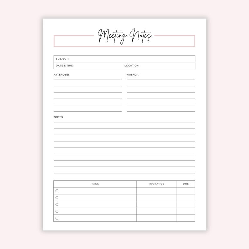 Meeting Notes Printable, Meeting Minutes Template, Business Note Taking ...