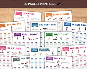 May include: A collection of printable workout challenges. The title reads "20 WORKOUT CHALLENGES" with "20 PAGES | PRINTABLE PDF" below. Each challenge card features exercise illustrations and instructions, including "Walking", "Slim Thighs", and "100 Squats".