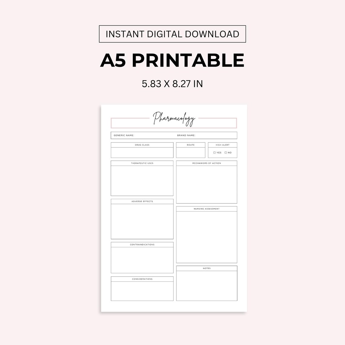 Printable Pharmacology Template for Nursing Student, Student Nurse