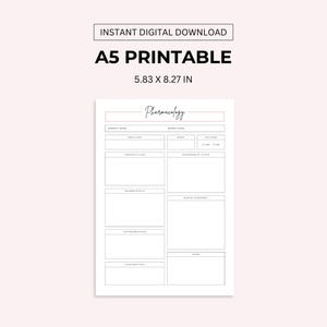 May include: Printable A5 Pharmacology Study Sheet with sections for Generic Name, Drug Class, Brand Name, Route, High Alert, Therapeutic Uses, Mechanisms of Action, Adverse Effects, Nursing Assessment, Contraindications, Interactions, and Notes.