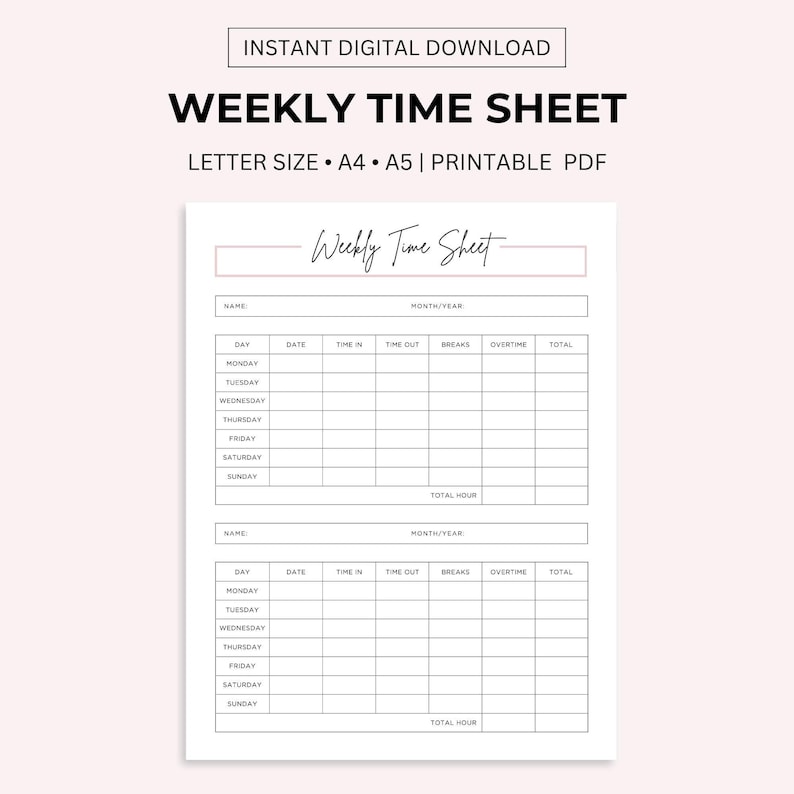 Weekly Time Sheet Printable: Work Hours Log (letter/a4/a5 PDF) - Etsy