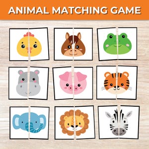 Jeu d'association de visages d'animaux à imprimer, Cartes de symétrie, Activité d'association pour tout-petits, Apprentissage préscolaire, Matériel Montessori, Ressource pour l'école à la maison