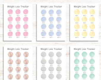 Pode incluir: Seis folhas de rastreamento de perda de peso imprimíveis com um design de aquarela. Cada folha tem 12 círculos para colorir, representando 12 semanas. As cores são rosa, azul, amarelo, pêssego, cinza e verde.