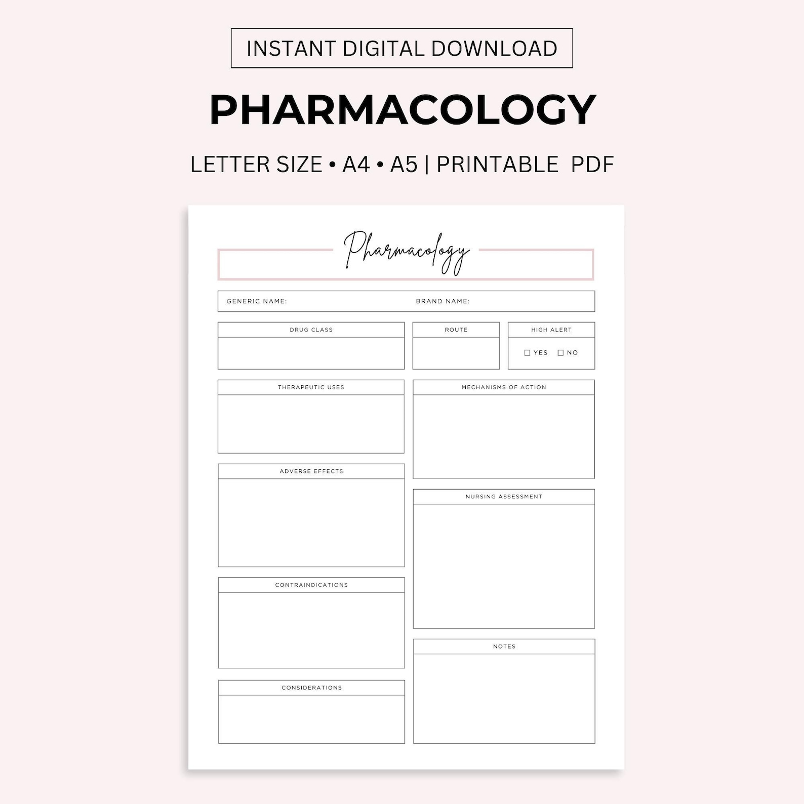 Printable Pharmacology Template for Nursing Student Student Nurse