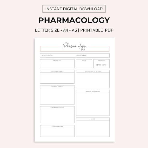 Printable Pharmacology Template for Nursing Student, Student Nurse Study Resources, Medicine Notes, Pharmacologist