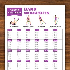Könnte beinhalten: Ein druckbarer 30-Tage-Workout-Plan mit Widerstandsbändern mit Illustrationen verschiedener Übungen. Die Tabelle ist in sechs Spalten unterteilt, die jeweils einen Wochentag darstellen. Jede Spalte hat vier Zeilen, die jeweils eine andere Übung darstellen. Die Übungen sind: A. Crunches, B. Seitliche Schritte, C. Beinheben und D. Seitliche Anheben.
