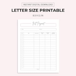 May include: Printable bill payment tracker with columns for year, month, paid, bill, due date, amount due, amount paid, and unpaid balance. The tracker has 20 rows for bills.