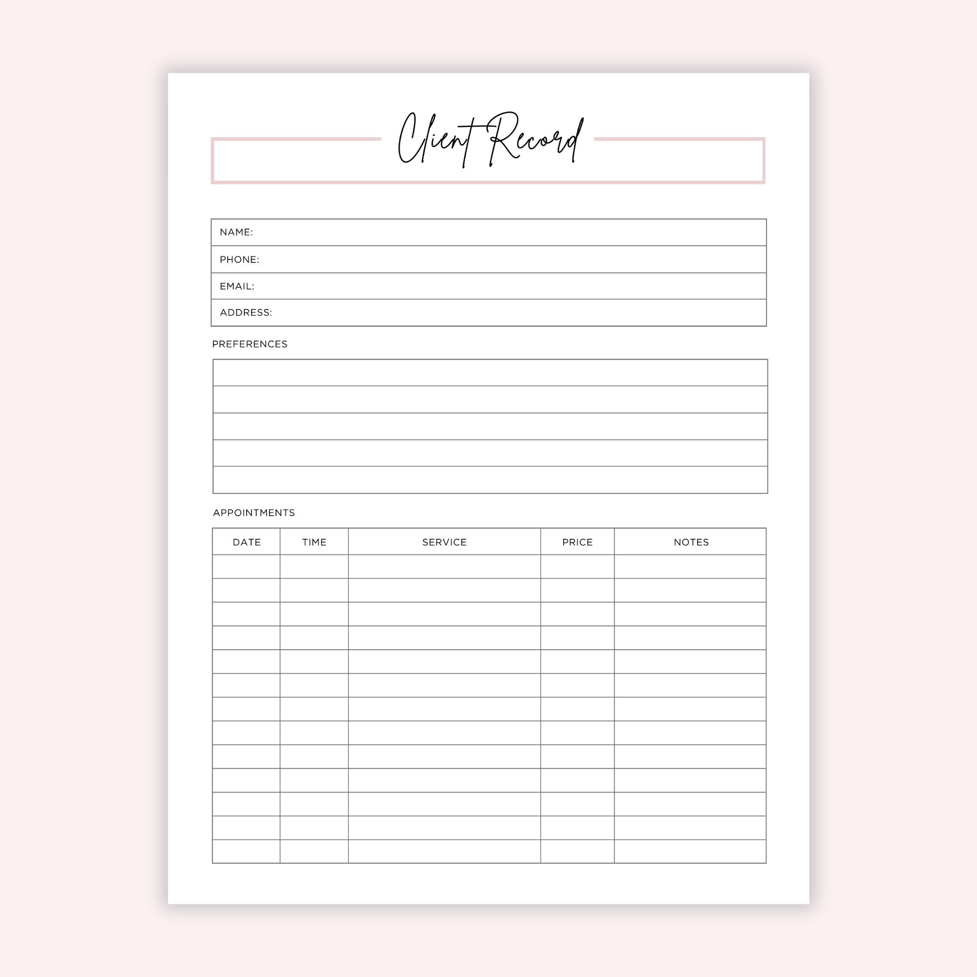 Client Record Printable: Appointment Tracker (letter/a4/a5 PDF) - Etsy