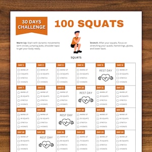 100 Squats Plank 30 Days Challenge, Fitness Challenge, Exercise Planner Printable, Workout Tracker