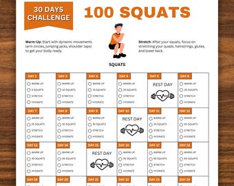 May include: A 30-day squat challenge chart with a black and white illustration of a barbell and heart. The chart is divided into 24 days with a rest day on days 5, 10, 15, 20, and 21. Each day includes a warm-up, a number of squats to complete, a stretch, and a reminder to hydrate.
