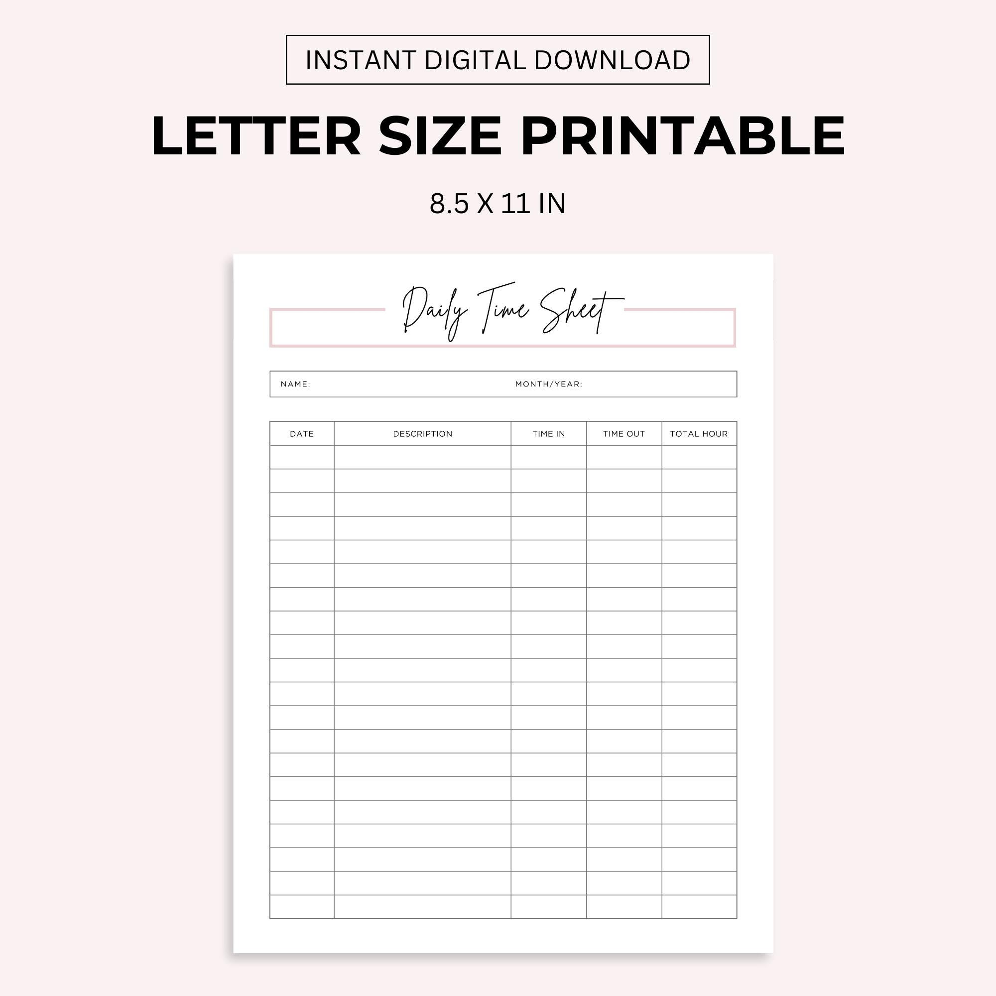 Daily Time Sheet Printable: Work Schedule Log (letter/a4/a5 PDF) - Etsy ...