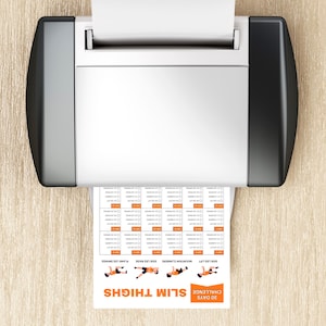 May include: A printable 30-day challenge to slim thighs. The printable includes a checklist for 10 repetitions of each exercise: side leg lift, mountain climbers, side leg raise, and plank leg swings.