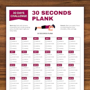 30 Seconds Plank 30 Days Challenge, Fitness Challenge, Exercise Planner Printable, Workout Tracker