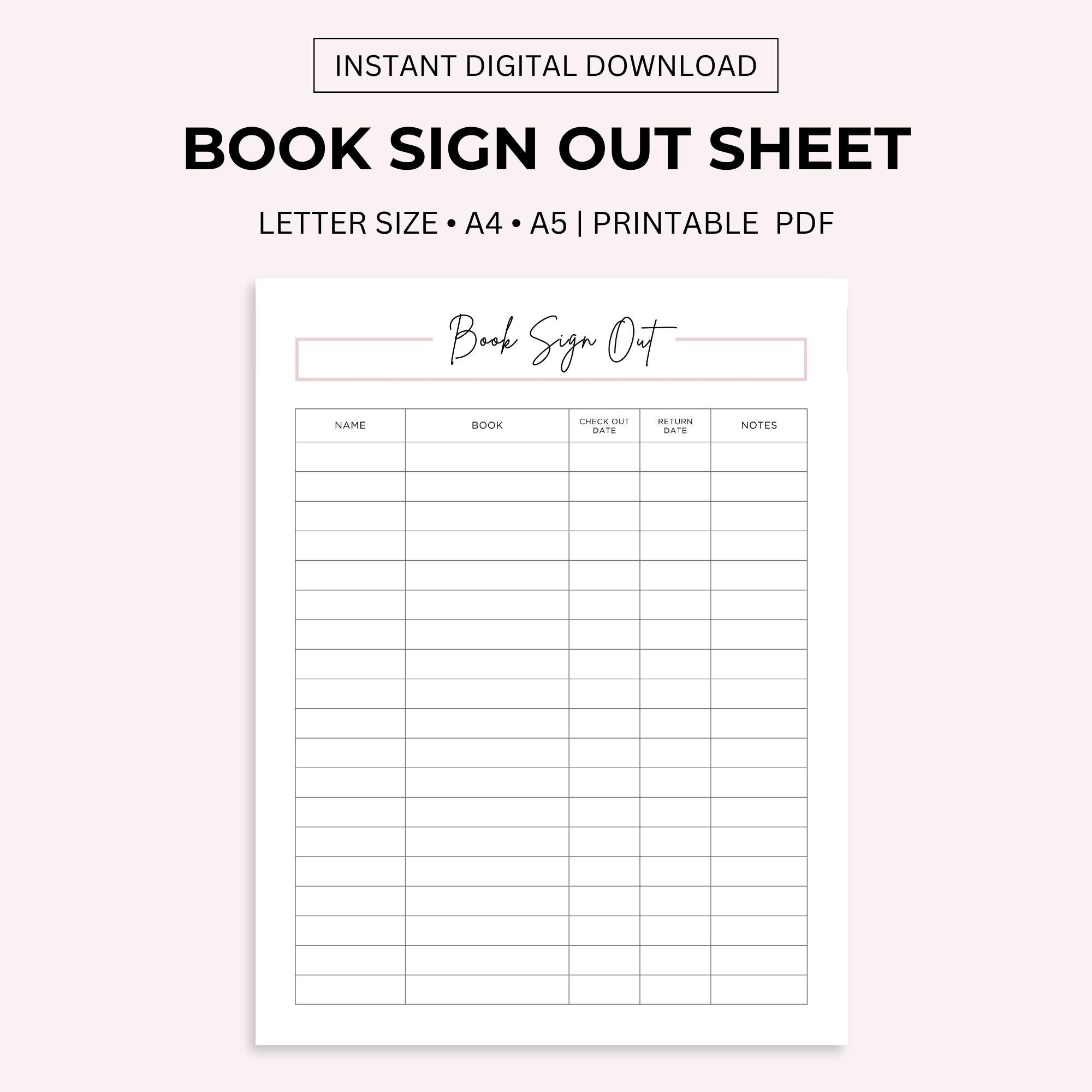 Library Book Sign Out Sheet Printable, Book Sign Out Form, Book Borrow ...
