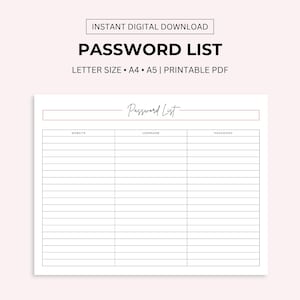 Password List Printable, Password Tracker, Password Keeper, Password Organizer, Password Log