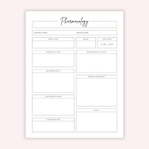 May include: A printable pharmacology study guide with sections for generic name, brand name, drug class, route, high alert, therapeutic uses, mechanisms of action, adverse effects, nursing assessment, contraindications, considerations, and notes.