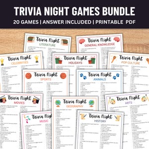 May include: A collection of printable trivia night games. The image displays 20 game cards with categories including Celebrities, Literature, Sports, General Knowledge, Holidays, Animals, Pop Culture, Movies, Music, Geography, History, and Arts.