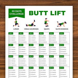 30 Days Butt Lift Challenge, Fitness Challenge, Exercise Planner Printable, Workout Tracker