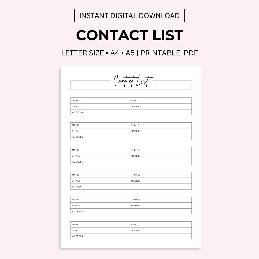 Contacts List Printable, Address Book, Contact Information, Contact ...