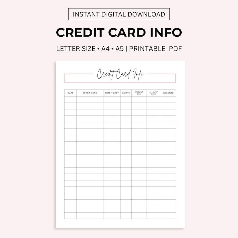 Credit Card Balance Tracker: Printable Log (letter/a4/a5 PDF) - Etsy
