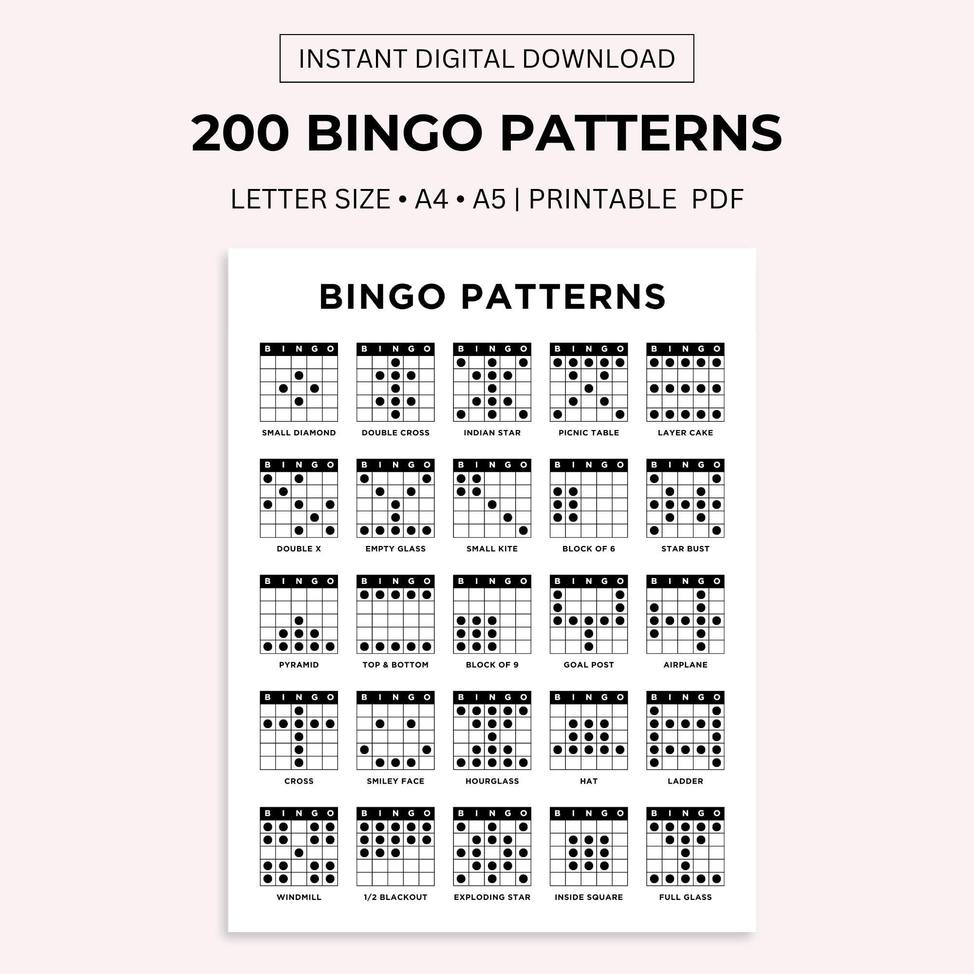 200 Bingo Patterns. Bingo Winning Patterns, Bingo Alphabet, Numbers, Signs, Shapes