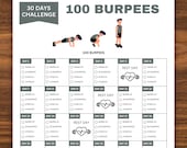 100 Burpees 30 Days Challenge, Fitness Challenge, Exercise Planner Printable, Workout Tracker