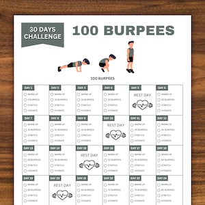 100 Burpees 30 Days Challenge, Fitness Challenge, Exercise Planner Printable, Workout Tracker