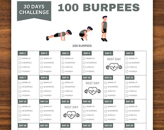 May include: A 30-day burpee challenge chart with a black and white illustration of a person doing a burpee. The chart is divided into 30 days, with each day listing the number of burpees to complete, along with warm-up and stretch reminders. The chart also includes rest days.