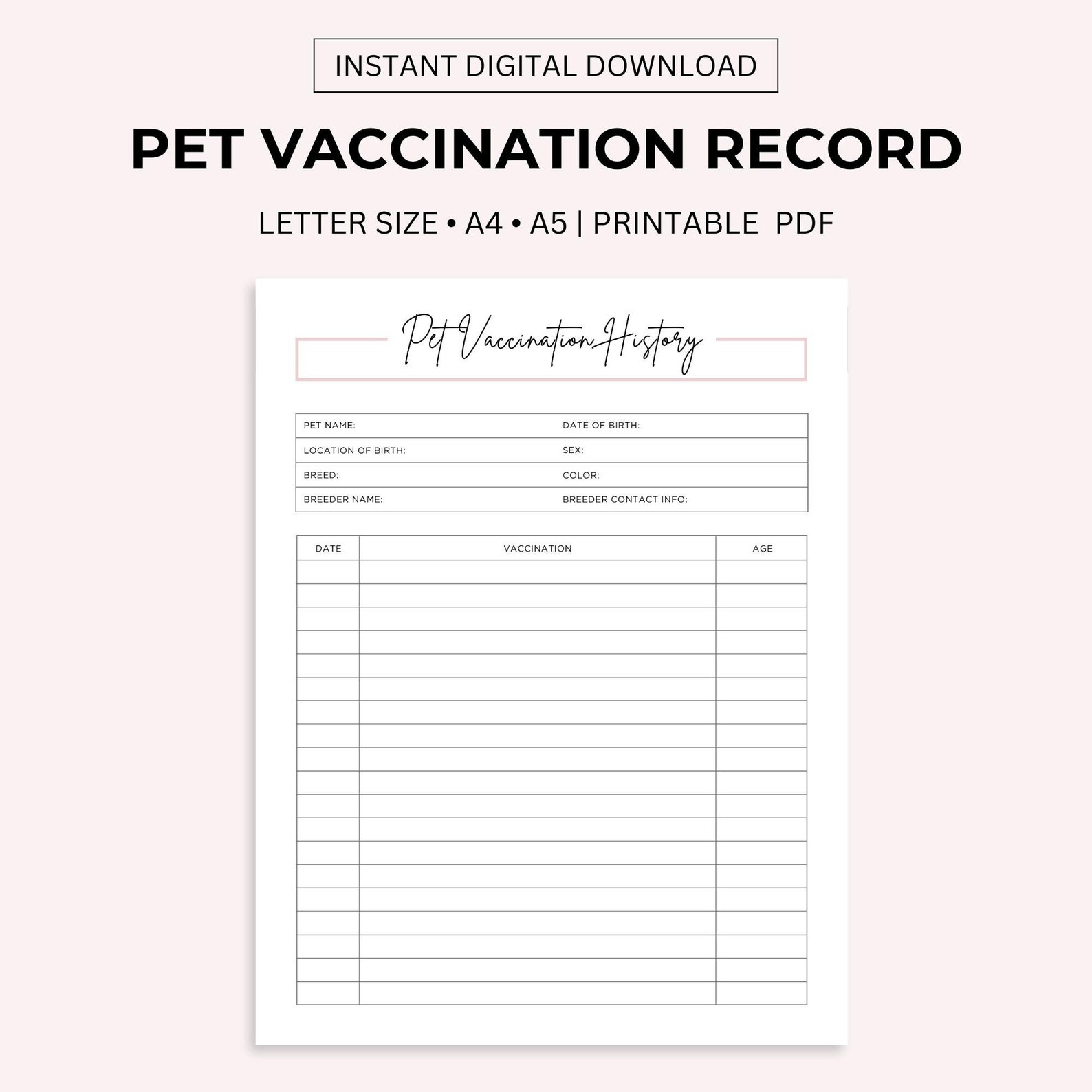 Pet Vaccination Record Printable, Dog Vaccination, Puppy Vaccination Cat Vaccination Log, Pet ...