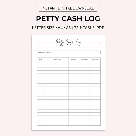 Petty Cash Log Printable: Small Business Ledger (Letter/A4/A5) (Digital Download)