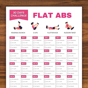 30 Days Flat Abs Challenge, Fitness Challenge, Exercise Planner Printable, Workout Tracker