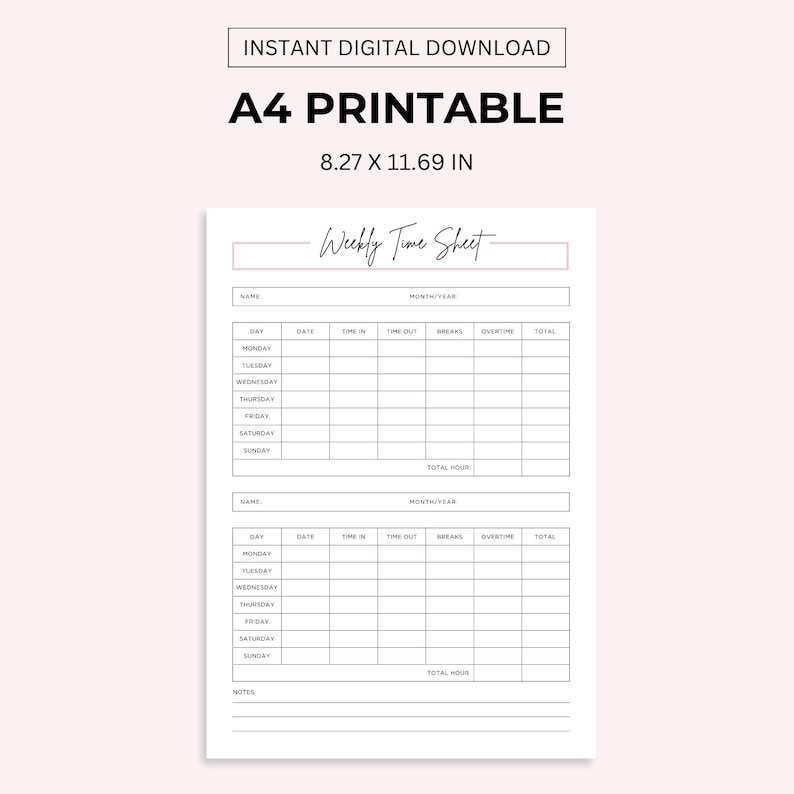 Weekly Time Sheet Printable: Work Hours Log (letter/a4/a5 PDF) - Etsy