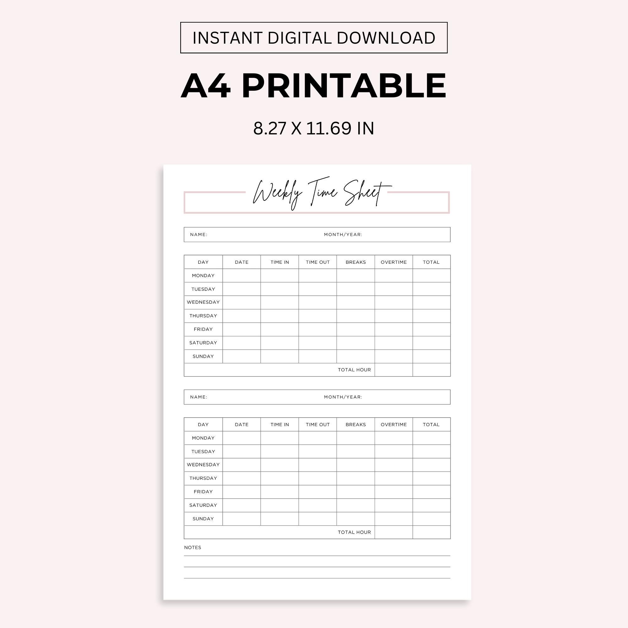 Weekly Time Sheet Printable: Work Hours Log (letter/a4/a5 PDF) - Etsy