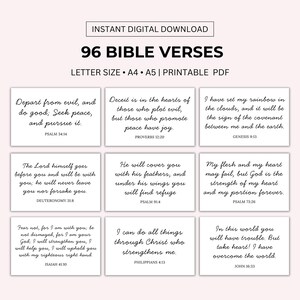 May include: A printable PDF sheet with 96 Bible verses, each verse is displayed in a white rectangle with a black border. The verses are organized into 8 rows of 3 rectangles each. The title of the sheet is "96 Bible Verses" and the subtitle is "Letter Size A4 A5 | Printable PDF".