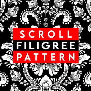 Könnte beinhalten: Schwarz-weißes Scroll-Filigranmuster mit floralen und Blattmotiven. Das Design zeigt ein sich wiederholendes Muster aus stilisierten Blumen und Blättern. Der Text "SCROLL FILIGREE PATTERN" wird in weißen Buchstaben auf rotem Hintergrund angezeigt.