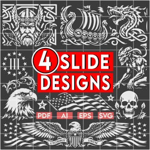 May include: A digital collection of 4 slide designs featuring white graphic illustrations on a dark gray grid background. The designs include a Viking warrior, a longship, a dragon, a demon, a bald eagle, a skull, and American flag motifs.