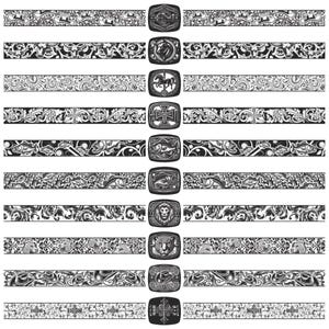 Puede incluir: Una colección de hebillas de cinturón en blanco y negro con varios diseños, incluyendo un caballo, un león, un pez y una cruz. Cada hebilla se combina con un borde decorativo a juego. Las hebillas son de metal y tienen detalles intrincados.