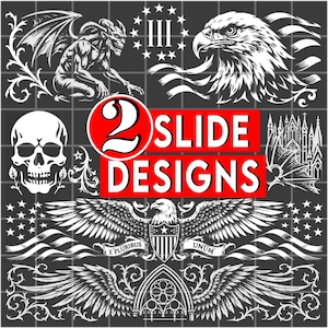 May include: A collection of white graphic illustrations on a dark gray grid background, featuring a gargoyle, a bald eagle, a skull, a gothic cathedral, and a spread-winged eagle with the text E PLURIBUS UNUM. A red box displays 2 SLIDE DESIGNS.
