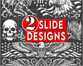 2 Slide Designs Ornamentale Scroll-Lasergravur, Feuerwaffen-Scrollarbeit-Kunstpaket SVG PDF