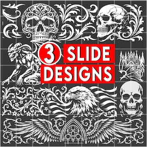 May include: A collection of white graphic illustrations on a dark gray grid background, featuring skulls, a gargoyle, an eagle, wings, and gothic architecture. The central red rectangular text box displays the white text 3 SLIDE DESIGNS.