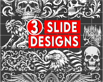 3 Slide Designs Ornamentale Scroll-Lasergravur, Feuerwaffen-Scrollarbeit-Kunstpaket SVG PDF