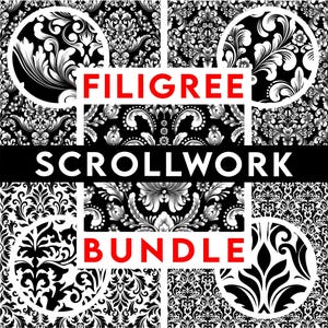 May include: A digital art bundle featuring filigree and scrollwork patterns in black and white. The image includes various designs, some within circular frames, with the words "FILIGREE SCROLLWORK BUNDLE" in red and white text.
