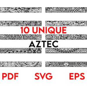 May include: Ten unique Aztec design borders in black and white. The image includes the words "10 UNIQUE AZTEC" in red and black, along with "PDF", "SVG", and "EPS" in red.