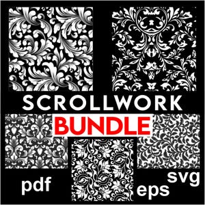 May include: A black and white scrollwork bundle featuring various floral and ornamental designs. The word "SCROLLWORK" is displayed above the designs, with "BUNDLE" in red. File formats include PDF, SVG, and EPS.